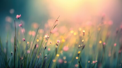 Obraz premium A soft, dreamy field of flowers glimmers with morning light, a serene and tranquil atmosphere filled with vibrant colors, floral rainbow background