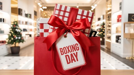 Red Boxing Day gift bag filled with wrapped presents and large satin ribbon, displayed in a bright holiday shopping mall with festive decor