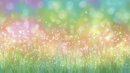 A vibrant, dreamy background featuring colorful bokeh lights and soft grass, a serene and uplifting atmosphere, floral rainbow background