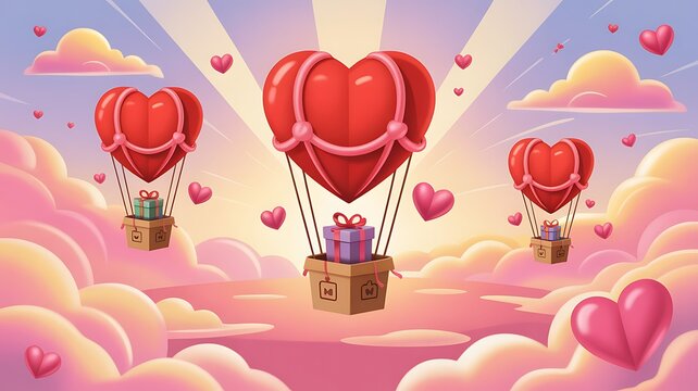 Romantic Valentine scene with heart-shaped hot air balloons carrying gift boxes through dreamy pink clouds at sunrise - Powered by Adobe