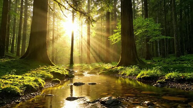 A pristine, untouched temperate forest stream at sunrise, where golden light filters through a dense canopy, creating ethereal shafts of light. Wide shot, showcasing the depth and natural beauty of?