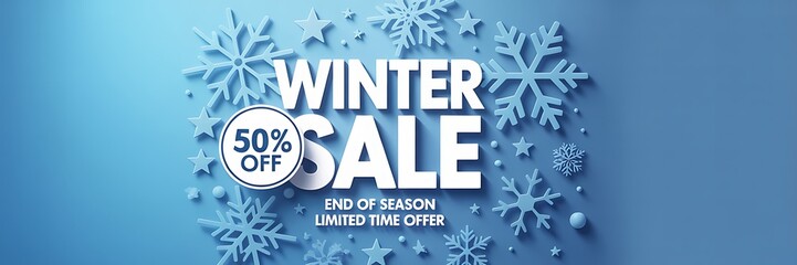 Winter sale promotion banner with bold white text, snowflake decoration, blue background and fifty percent discount offer