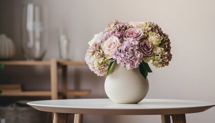 A vibrant bouquet of pink roses and purple hydrangeas arranged beautifully in a simple white vase on a light wooden table indoors