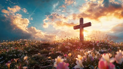 A wooden cross stands in a field of flowers under a dramatic sky.