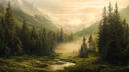 A serene mountain landscape with a river flowing through a lush forest, under a cloudy sky.