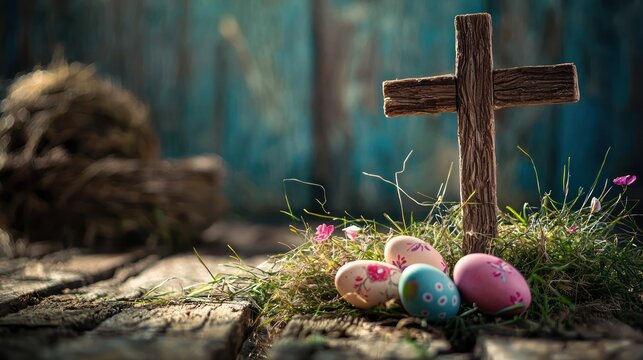 A wooden cross with Easter eggs and flowers on a rustic wooden table.
