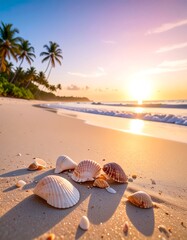 Sunrise hues cast over sandy beach adorned with seashells and palm trees
