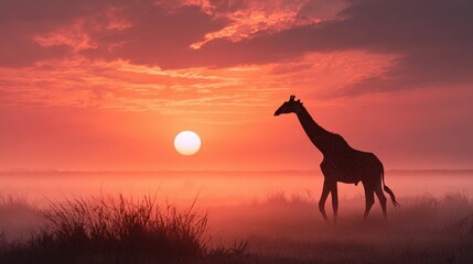 Silhouette of a giraffe walking during a vibrant sunset in an african landscape scene view