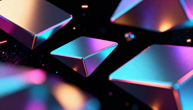 Abstract metallic geometric form with vibrant neon light and bokeh effect, perfect for futuristic design and technology concepts