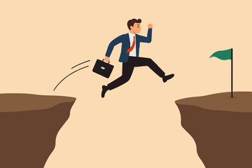 Taking risks for success, courage to overcome challenges concept, brave businessman jumping over the cliff gap to reach the flag of success on the other side of the cliff.