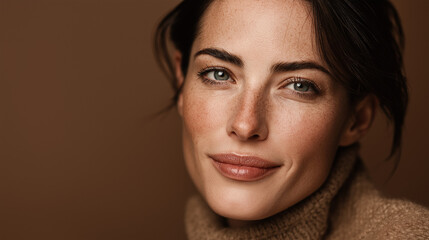 Close-up portrait of a woman with freckles and a warm smile, natural beauty and cozy style, concept