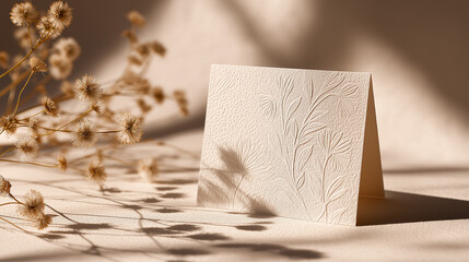 Elegant embossed card with floral design beside dried flowers in soft lighting, serene decoration, concept
