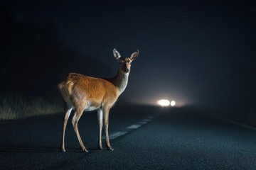 Fototapeta premium Deer standing on a dark road illuminated by car headlights at night in a quiet, rural area