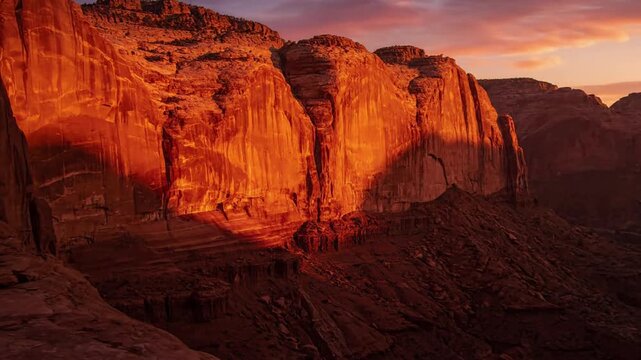 Dynamic shot capturing the intricate geological stratification and erosion patterns of ancient rock formations, showcasing millions of years of natural processes.