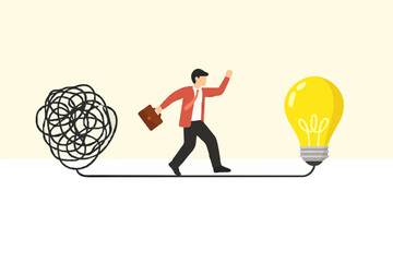 Simplify idea to find solution, thinking process or creativity to solve problem, discover easy way to understand concept, smart businessman walking away from mess chaos line to simple lightbulb idea.