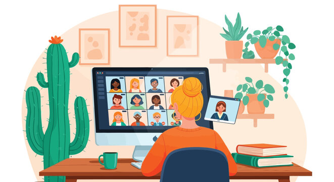 Female professional attending a virtual meeting on computer from her home office