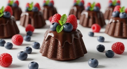 Chocolate Delights with Berries: An array of decadent mini chocolate cakes, adorned with fresh raspberries, blueberries, and mint leaves, tempt the senses. A culinary masterpiece for indulgence