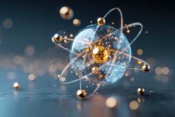 Representation of an atom with golden particles and glowing electrons in a dark background