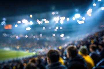 Crowd cheering in a stadium during an exciting night soccer match under bright lights