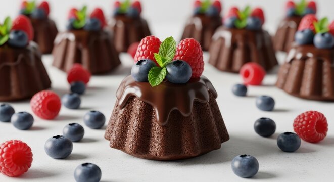 Chocolate Delights with Berries: An array of decadent mini chocolate cakes, adorned with fresh raspberries, blueberries, and mint leaves, tempt the senses. A culinary masterpiece for indulgence