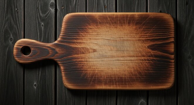 Wooden Cutting Board: A rustic, well-worn wooden cutting board, with visible grain and a warm, inviting glow sits on a black wooden table, exuding a sense of simple charm and culinary functionality.