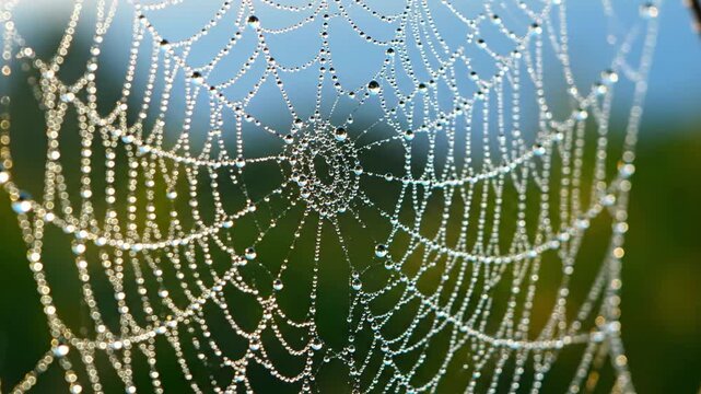 Intricate details of a morning spider web, adorned with shimmering dew drops, capturing the delicate architecture of nature. Focus on the fine silk threads and the perfect spherical shape of the?