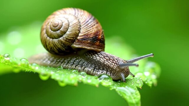 Macro shot of a common garden snail slowly gliding across a wet, moss covered log, showcasing the intricate patterns on its shell and the delicate movement of its tentacles.