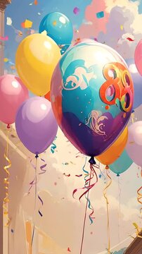 A vibrant image of balloons celebrating an age, with floating ribbons and confetti in the sky