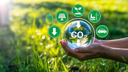 Human hands holding co2 globe for environmental sustainability and green energy concept
