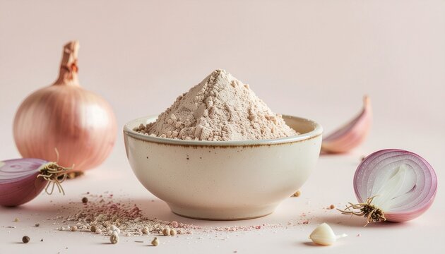 Onion powder in a ceramic bowl with fresh red onion bulbs and spices