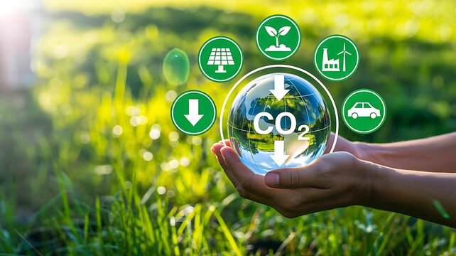Human hands holding co2 globe for environmental sustainability and green energy concept
 - Powered by Adobe