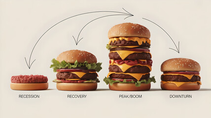 Economic Business Cycle Illustrated as Four Stages of Cheeseburger Growth: Recession, Recovery, Peak, and Downturn