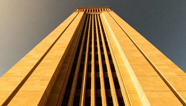 Golden skyscraper facade upward view against deep blue sky, dramatic geometric pattern, modern architectural design, corporate real estate.