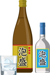 一升瓶泡盛と三合瓶泡盛とグラスのイメージイラスト