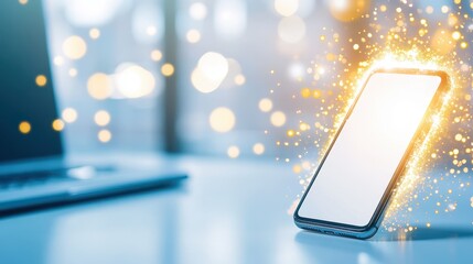 Digital Realm's Gateway: A modern smartphone glows with energy, illuminating connectivity and limitless digital access alongside a laptop. This image encapsulates technological advancement.