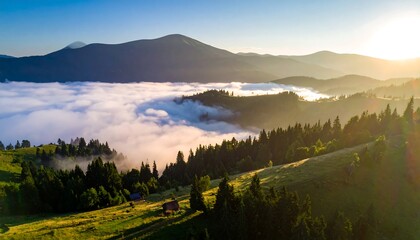 Sunrise illuminates mountain range, green slopes, misty valley, and forested foreground