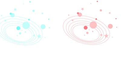 Abstract cosmic vector design pink and blue planets with orbits and stars isolated on white background