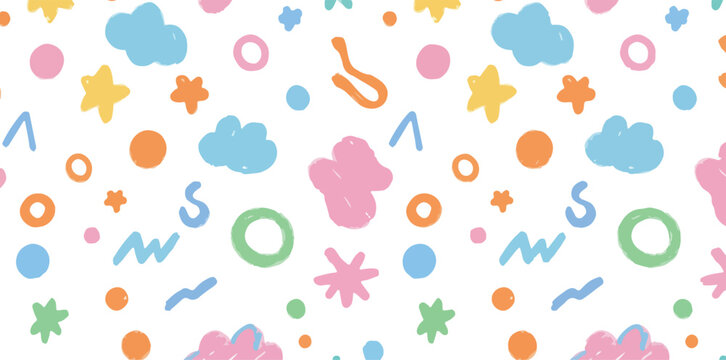 Whimsical abstract shapes and doodles in pastel colors on a white background seamless pattern