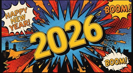 Retro comic book style happy new year 2026 celebration