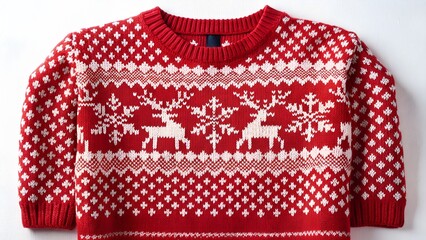 Festive red and white christmas sweater with reindeer and snowflake pattern for holiday season