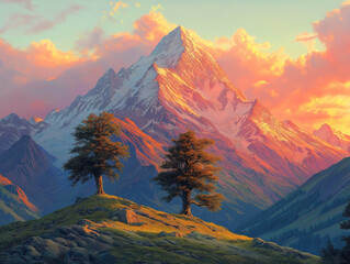 A Peaceful Sunrise Over a Tall Mountain with Two Trees Standing Strong at Its Base
