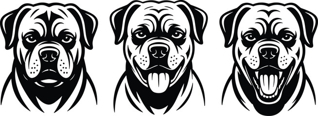 Obraz premium Bulldog Vector Illustration Set Aggressive, Calm and Playful Dog Faces in Black and White Style