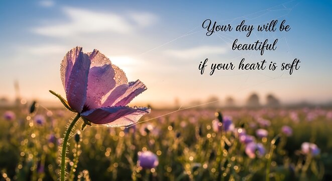 Soft Hearted Poppy Field Sunrise Inspirational Quote.