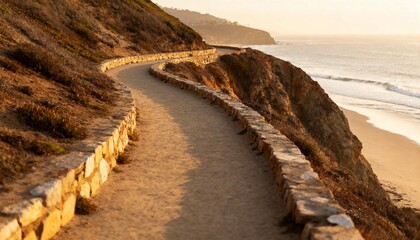 Serene coastal path winding along sun-kissed cliffside with ocean vista at golden hour