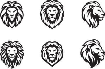 Obraz premium Collection of six stylized lion head illustrations in black and white