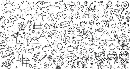 Obraz premium A whimsical doodle collage filled with happy faces rainbows mountains and childrens drawings