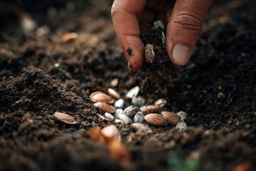 Gardener planting seeds in rich soil during the early morning light