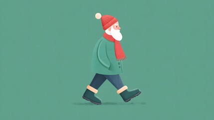illustration flat style of a man with a beard in a winter coat walking on a green background