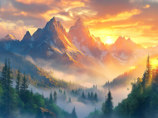 Mountain Giants Watching Over a Sunset Forest