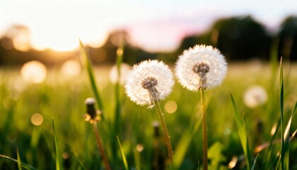 Close up of delicate dandelion seed head backlit by warm golden hour sunlight in a meadow, evoking hope and new beginnings.